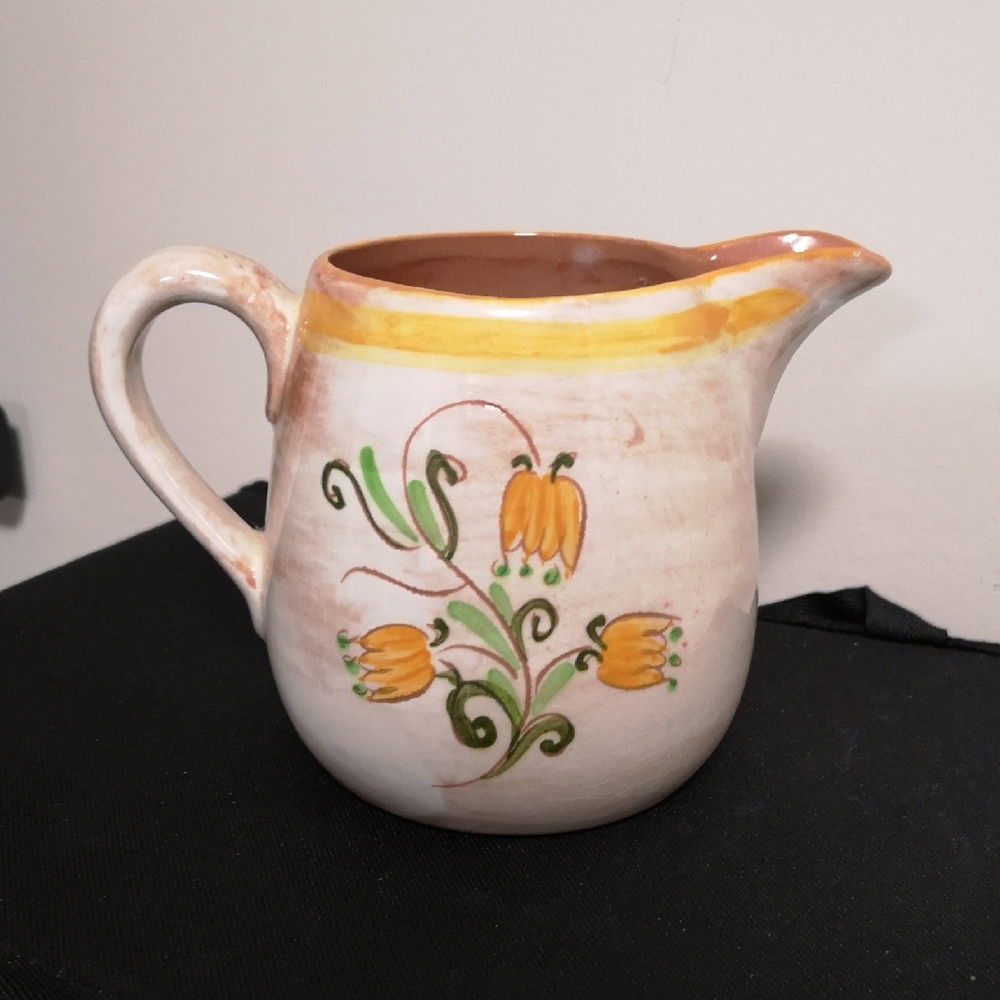 Lovely Vintage Terra Rose Farm House Pitcher USA Trenton Yellow Tulips Redware